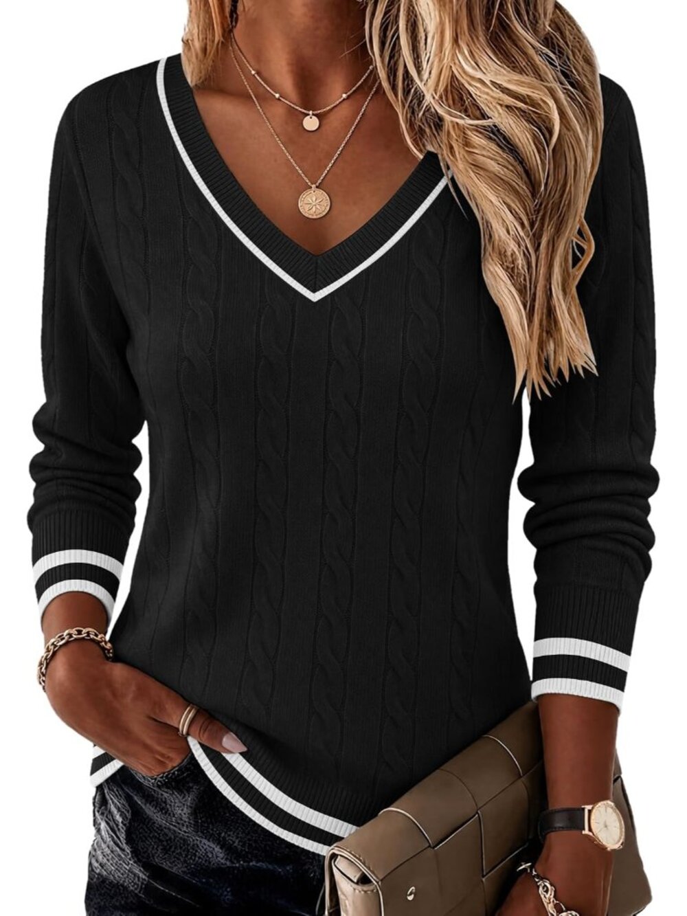 Women's Cable Knit V-Neck Sweater - Stylish, Comfortable Fall & Winter Essential